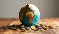 Cracked Globe with Coins Spilling from Inside. Economy Concept. Generated Image Royalty Free Stock Photo