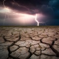 Cracked ground in stormy weather with dramatic sky AI