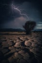 Cracked ground in stormy weather with dramatic sky AI