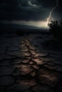 Cracked ground in stormy weather with dramatic sky AI