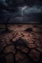 Cracked ground in stormy weather with dramatic sky AI