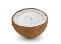 Cracked half of tropical fruit, Coconut with milk droplet on white background