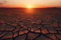 Cracked land in a dry lake caused by climate change at sunset. Generative AI