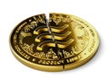 Cracked Libra concept coin is laying isolated on white background. Investors are pulling back out of Libra project concept. 3D Royalty Free Stock Photo