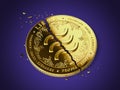 Cracked Libra concept coin is laying on violet background. Investors are pulling back out of Libra project concept. 3D rendering