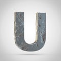 Cracked metal letter U uppercase isolated on white background