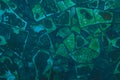 Cracked old tile at the bottom of the pool. Abstract background of battered dark blue and green mosaic. Broken, shabby tiles patte Royalty Free Stock Photo