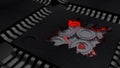 Cracked open CPU reveals red gears mechanism cybersecurity concept