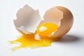 Cracked open eggshell with yolk spilling out, isolated on white background. Royalty Free Stock Photo
