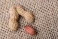 Cracked open peanut with shell on a linen canvas Royalty Free Stock Photo