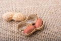 Cracked open peanuts with shell on a linen canvas Royalty Free Stock Photo