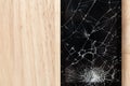 Cracked screen of smartphone mobile black glasses top view photography.