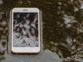 Cracked screen and wet smart phone dropped Royalty Free Stock Photo