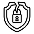 Cracked shield with lock line icon, hacker attacks concept. Vector graphics. Lock on emblem with crack sign on white