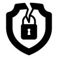 Cracked shield with lock solid icon, hacker attacks concept. Vector graphics. Lock on emblem with crack sign on white