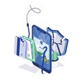 Cracked smartphone, credit cards and money on fishing hook and broken or shattered protective shield. Phishing, internet