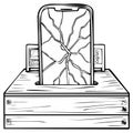 Cracked smartphone display in repair dock black and white illustration Royalty Free Stock Photo