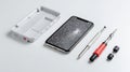 Cracked Smartphone Screen With Repair Tools And Case. Diy Phone Repair And Maintenance Royalty Free Stock Photo