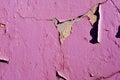 Cracked soft pink paint, plaster surface on yellow wall, grunge horizontal shabby background detail Royalty Free Stock Photo