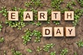 Cracked soil plants letter block toy cube wood text Earth day on dry ground plant sprout. Environment day on dry earth