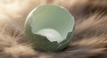 A cracked, speckled eggshell rests on soft, downy feathers. The shell is pale green with darker Royalty Free Stock Photo