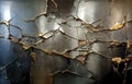 Cracked stainless steel shiny panel backround, distressed grunge background with golden, chromium and rusty elements