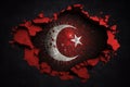 Cracked and stylize Turkey flag to symbolize the recent earthquake disaster and calamity that struck this country. Generative Ai