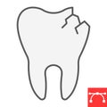 Cracked tooth color line icon, dental and stomatolgy, broken tooth sign vector graphics, editable stroke filled outline