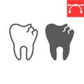 Cracked tooth line and glyph icon, dental and stomatolgy, broken tooth sign vector graphics, editable stroke linear icon