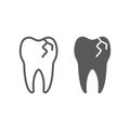 Cracked tooth line and glyph icon, stomatology