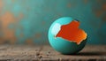 Cracked turquoise Easter egg with orange inside. Empty space for text or product display. Festive spring holiday decoration, Royalty Free Stock Photo