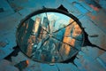 Cracked urban reflection through a broken circular window