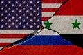 Cracked wall with painted united states, russia and syria flags Royalty Free Stock Photo