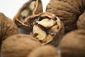 Cracked walnut in focus on white background. Extreme close up view Royalty Free Stock Photo