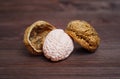 Cracked walnut and miniature human brain