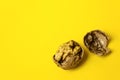 Cracked Walnut On Yellow Background. Close-Up, copy space Royalty Free Stock Photo