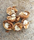 cracked walnuts on a  concrete background Royalty Free Stock Photo