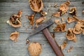 Cracked walnuts and hammer on old wooden background Royalty Free Stock Photo