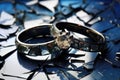 cracked wedding rings amidst shards of shattered glass Royalty Free Stock Photo