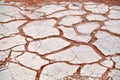 Cracked white dry clay surface on orange sand background in Etosha salt pan Namib desert top view closeup Royalty Free Stock Photo