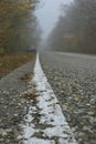 A cracked white solid line by the side of the asphalt road going into perspective. A country road in an autumn foggy