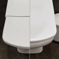 Cracked white toilet lid before and after repair. A broken and whole closing lid in the home toilet