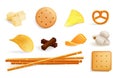 Cracker cookie, chips, crouton and candy snack set Royalty Free Stock Photo