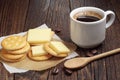 Cracker cookies with cheese and coffee Royalty Free Stock Photo