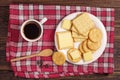 Cracker cookies with cheese and coffee Royalty Free Stock Photo