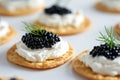 crackers with cream cheese and black caviar, white backgroud. Generative AI.