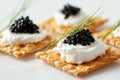 crackers with cream cheese and black caviar, white backgroud. Generative AI.