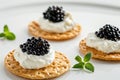 crackers with cream cheese and black caviar, white backgroud. Generative AI.