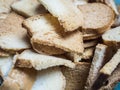 Crackers made of bread in a blue plastic bowl