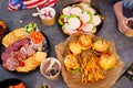 crackers, sausages, sandwiches, french fries and Mini burgers for a party Royalty Free Stock Photo